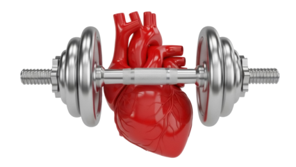 Anatomical heart lifting dumbbell isolated PNG, concept for cardiovascular health and fitness, strong heart muscle, exercise benefits
