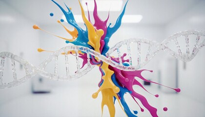 Abstract DNA Strands Merging with Vibrant Paint Splashes in White Lab
