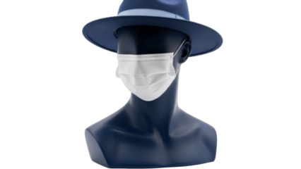 Dark blue mannequin head with fedora and face mask isolated PNG, fashion display for medical safety and style on transparent background