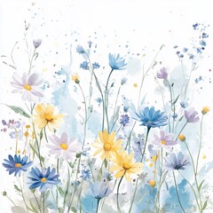 Obraz premium Watercolor wildflowers meadow, pastel blooms, spring, card design