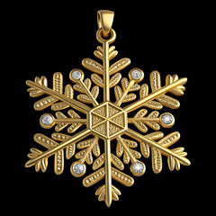 Golden snowflake pendant with diamonds on black background