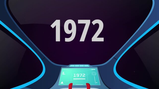 Time travel cockpit with futuristic animation jump to the year 1972. Ideal for content creators, tech presentations, future concepts, and cinematic video projects.