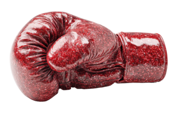 Bloody boxing glove isolated on transparent background. Close up of a textured red boxing glove isolated on white background.