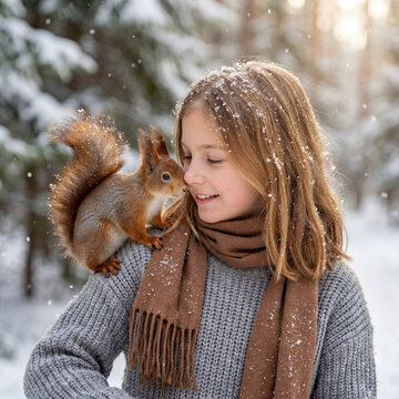 A Young Girl Happily Interacting with a Wild Red Squirrel Perched on Her Shoulder in a Serene Snowy Winter Forest