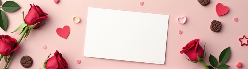 Red roses and chocolates on a pink background love background banner copy space