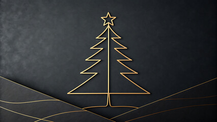 Gold christmas tree outline on black background