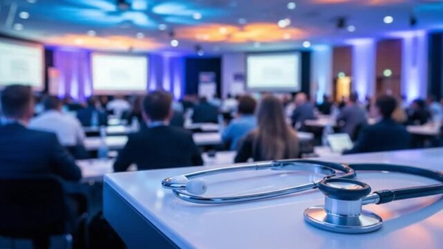 Medical conference hall with an audience and a stethoscope in focus