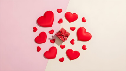 Romantic gift presentation surrounded by vibrant red hearts on a soft pastel pink and cream background.