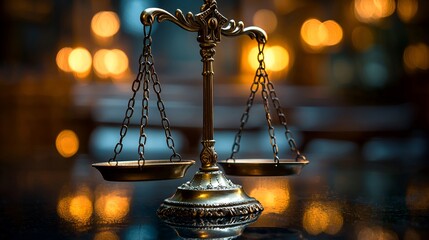 Brass scales of justice on dark reflective surface.