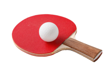 Red ping pong paddle with white ball isolated on transparent background. Red ping pong paddle and white ball for table tennis sport isolated on white background.