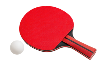 Red ping pong paddle and white ball isolated on transparent background. Red ping pong paddle and white ball ready for table tennis sport competition isolated on white background.