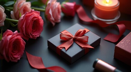 Roses and a candle are on a table with a gift