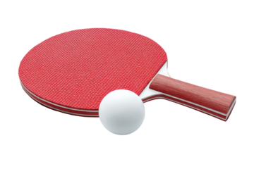 Red ping pong paddle with white ball isolated on transparent background. Close-up of a red ping pong paddle and a white ball ready for a game isolated on white background.