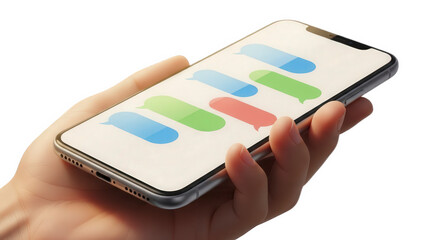 A hand holding a smartphone with colorful rounded rectangles on the screen isolated on transparent background
