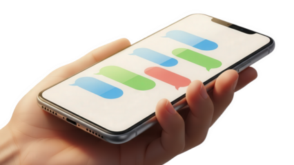 A hand holding a smartphone with colorful rounded rectangles on the screen isolated on transparent background