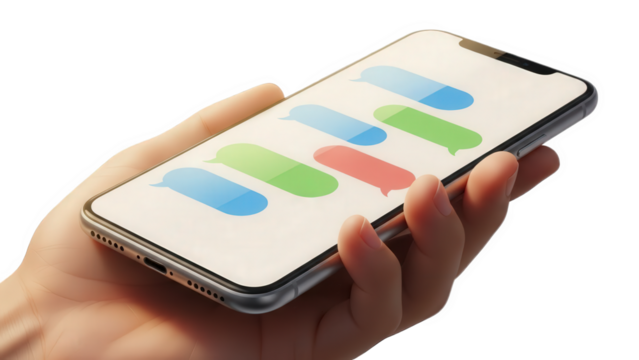 A hand holding a smartphone with colorful rounded rectangles on the screen isolated on transparent background - Powered by Adobe