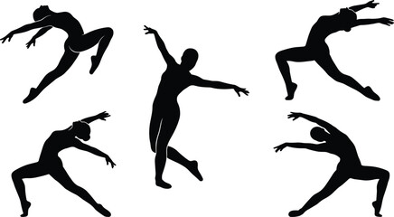 Silhouettes of dancers in expressive poses, black figures, airborne movement, graceful posture, dynamic gesture, dance emotion, white background, artistic reference