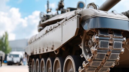 Close-up view of tank track on an old Soviet battle tank against blue sky showing military equipment and army theme with space for text