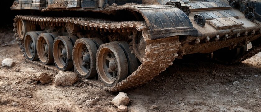 Close-up view of T-55 tank track system showing detailed textures against blue sky background with bright studio lighting highlighting military equipment elements