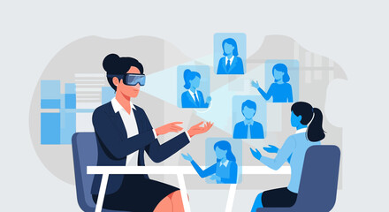 Businesswoman leading virtual collaboration meeting with team members wearing VR headset indoors