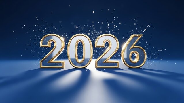 Year 2026 metallic numbers on blue background - Powered by Adobe