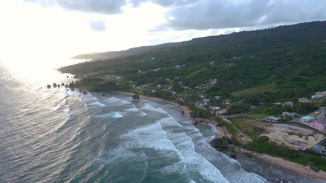 Bathsheba Beach aerial view including mushroom rock in village of Bathsheba, Saint Joseph, Barbados. 