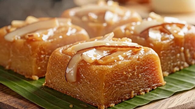 Delicious Filipino Puto Bumbong Sweet Rice Cakes on Banana Leaf.