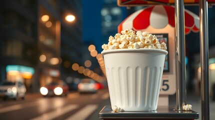 Blank white popcorn tub mockup at street food promotion stand during evening event