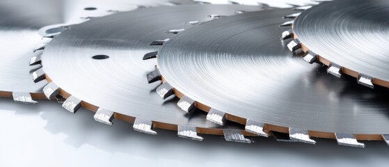 Close-up view of circular saw blades showing sharp teeth and metal design for woodworking or carpentry tasks on a white backdrop