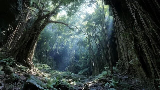 木漏れ日が差し込む緑濃い熱帯雨林の奥地風景