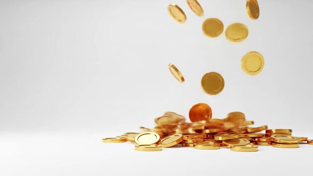Golden coins falling and accumulating on a white surface, representing wealth and prosperity.