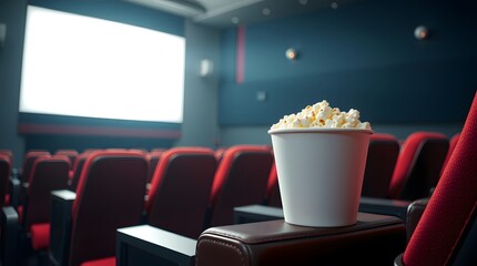 blank white popcorn bucket mockup on cinema seat in empty movie theater with screen background
