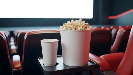Blank white popcorn bucket and paper cup mockup on cinema seat tray in movie theater