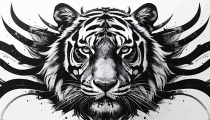 Monochrome drawing of a tiger with abstract elements.