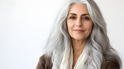 Elegant Middle Eastern woman in her 70s with long silver hair on white background