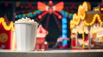 blank white popcorn tub mockup at colorful carnival fair with lights and amusement background