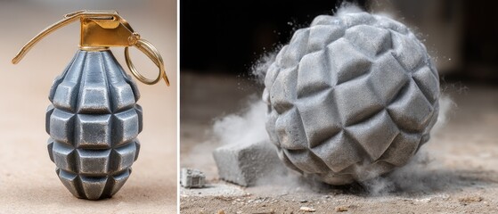 Soccer ball and hand grenade contrast in a ruined football stadium with smoke rising from an explosion