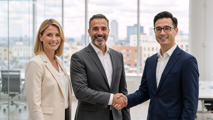 Two businessmen shaking hands with a female colleague in a modern office. Successful business team celebrating a partnership agreement