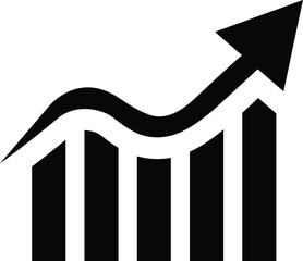 Upward trending bar graph with a curved arrow icon growth success. A black icon depicting a bar graph with an upward trending curved arrow, representing business growth and financial success