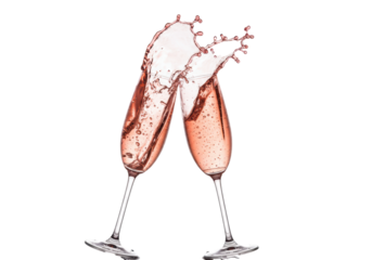 Two elegant crystal champagne flutes clinking, spectacular pink rosé champagne splash with frozen droplets, effervescent bubbles on transparent studio background, concept of luxurious celebration
