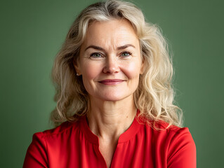 Smiling mature Norwegian women in red blouse on green background