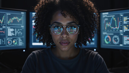 Confident female data analyst looking at the camera in a dark office. Professional programmer working at night with computer screens showing financial charts and graphs