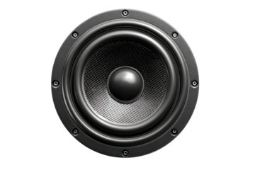 Close up of a vintage speaker driver isolated on transparent background. Close-up of a vintage metal speaker grill with intricate patterns and a central dome emblem isolated on white background.