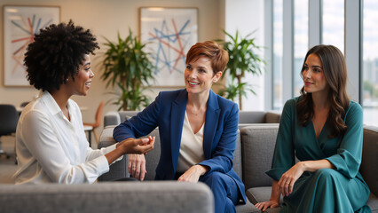 Diverse business women having a meeting in a modern office lounge. Happy female colleagues sitting on a sofa discussing a project. Teamwork and collaboration concept