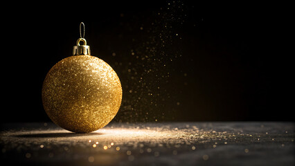 Golden christmas ornament shining brightly on dark background