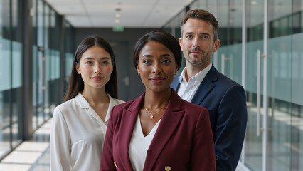 Portrait of a diverse business team in a modern office corridor. Confident multicultural professionals representing corporate leadership and teamwork