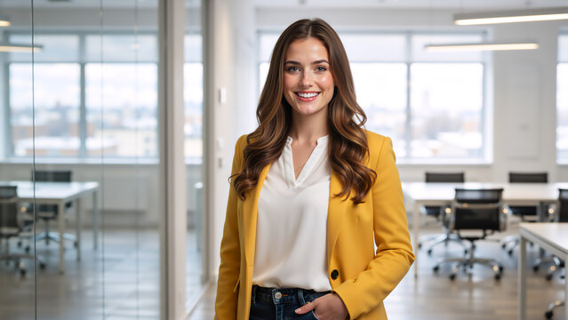 Portrait of a confident young businesswoman smiling in a modern office. Successful female professional in a yellow blazer looking at the camera