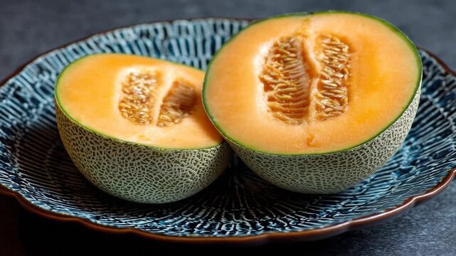 A photo of a juicy melon cut in half displayed on a plate ready to be served Bowl of Yubari Melon luxurious Japanese fruit
