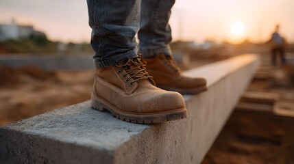 A construction worker s boots stand balanced on a concrete beam during a golden hour sunset at a building site