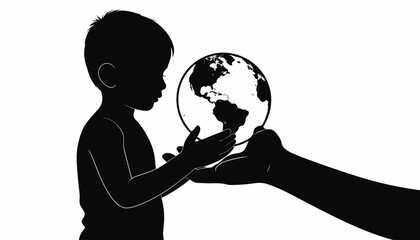 Silhouette of a child holding a globe being given to them by an adult hand, symbolizing the future of our planet.